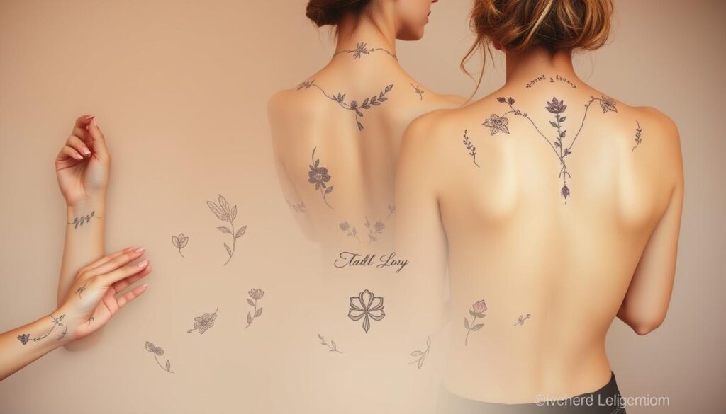 A diverse array of intricate, feminine tattoo designs for women, showcased against a soft, muted background. The foreground features a curated collection of delicate floral motifs, cursive script, and symbolic imagery, elegantly adorning the skin. The middle ground captures a range of body placements, from wrists and shoulders to the back and ribs, highlighting the versatility of these stylized tattoos. The lighting is subtle and diffused, casting a warm, ethereal glow that emphasizes the beauty and artistry of these body adornments. The overall mood is one of understated elegance, celebrating the personal expression and individuality inherent in these tattoo designs for the modern, stylish woman. A diverse array of intricate, feminine tattoo designs for women, showcased against a soft, muted background. The foreground features a curated collection of delicate floral motifs, cursive script, and symbolic imagery, elegantly adorning the skin. The middle ground captures a range of body placements, from wrists and shoulders to the back and ribs, highlighting the versatility of these stylized tattoos. The lighting is subtle and diffused, casting a warm, ethereal glow that emphasizes the beauty and artistry of these body adornments. The overall mood is one of understated elegance, celebrating the personal expression and individuality inherent in these tattoo designs for the modern, stylish woman.