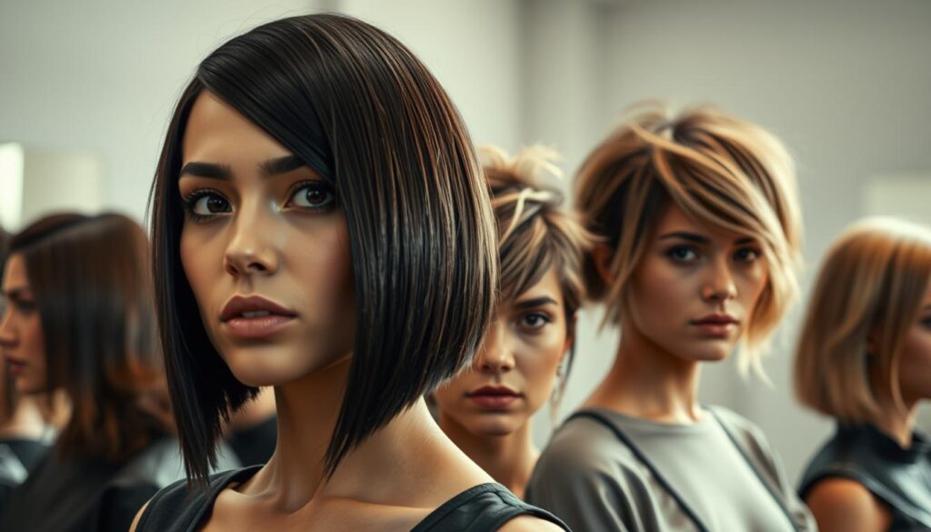 A diverse array of modern hairstyles, showcasing the latest trends and techniques. In the foreground, a close-up of a sleek, asymmetrical bob with sharp, angular lines and a glossy, polished finish. In the middle ground, a tousled, textured shag with wispy, face-framing layers. In the background, a stylish, blunt-cut lob with subtle highlights and a hint of volume at the roots. The lighting is soft and diffused, creating a warm, inviting atmosphere. The camera angle is slightly elevated, providing a dynamic and visually compelling perspective. A diverse array of modern hairstyles, showcasing the latest trends and techniques. In the foreground, a close-up of a sleek, asymmetrical bob with sharp, angular lines and a glossy, polished finish. In the middle ground, a tousled, textured shag with wispy, face-framing layers. In the background, a stylish, blunt-cut lob with subtle highlights and a hint of volume at the roots. The lighting is soft and diffused, creating a warm, inviting atmosphere. The camera angle is slightly elevated, providing a dynamic and visually compelling perspective.