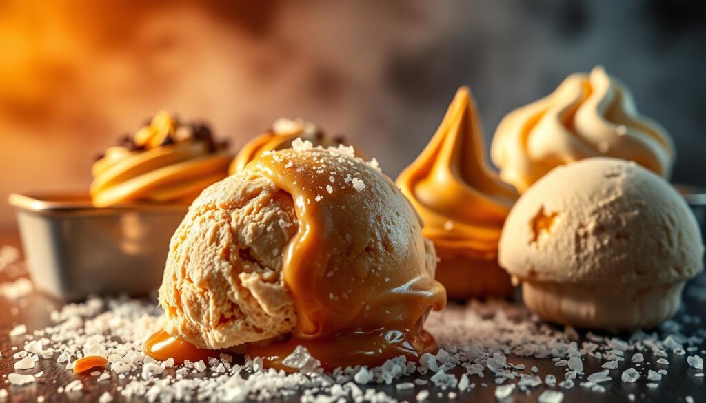 A diverse array of salty ice cream flavors from around the world, captured in a vibrant and mouthwatering scene. In the foreground, a scoop of salted caramel ice cream glistens under warm, directional lighting, surrounded by a sprinkle of sea salt crystals. In the middle ground, a range of unique regional variations come into focus - from Vietnamese coffee with a sprinkle of black sea salt, to Japanese miso-infused ice cream, to Italian gelato with flakes of Maldon sea salt. In the background, a hazy, atmospheric setting with a subtle gradient evokes a sense of global exploration and discovery. The overall composition conveys the exciting diversity and culinary innovation present in the world of salty ice cream.