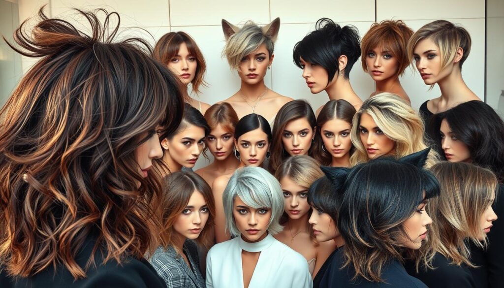 A diverse array of stunning wolf-inspired hairstyles, showcased against a stylish and sophisticated backdrop. In the foreground, a close-up captures the intricate texture and layers of the wolf cut, from tousled, voluminous waves to sleek, side-swept bangs. In the middle ground, a collection of models with varying hair types and face shapes demonstrate the versatility of this captivating look, each interpretation unique and empowering. The background features a minimalist, yet refined setting, allowing the dynamic hairstyles to take center stage. Soft, directional lighting accentuates the depth and movement of the styles, creating an alluring and aspirational scene.