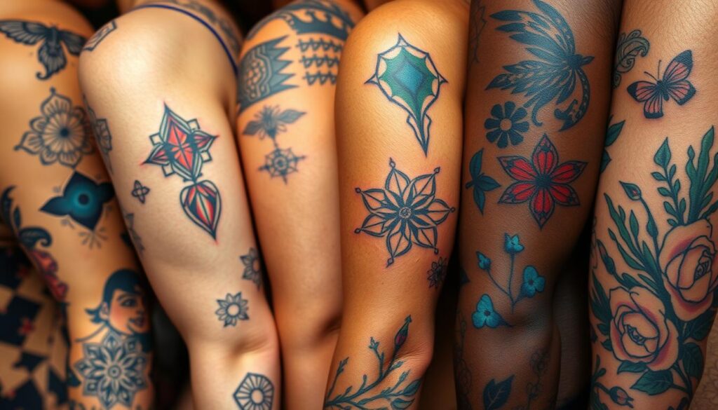 A diverse array of vibrant, bold color tattoos adorning various skin tones. A close-up, high-resolution image showcasing the intricate designs and shading on fair, olive, and dark complexions. The tattoos feature a captivating blend of geometric patterns, abstract shapes, and naturalistic motifs, each complementing the unique undertones of the skin. Soft, diffused lighting accentuates the depth and texture of the ink, creating a visually striking and harmonious composition. The image conveys a sense of individuality, self-expression, and the beauty of diversity.