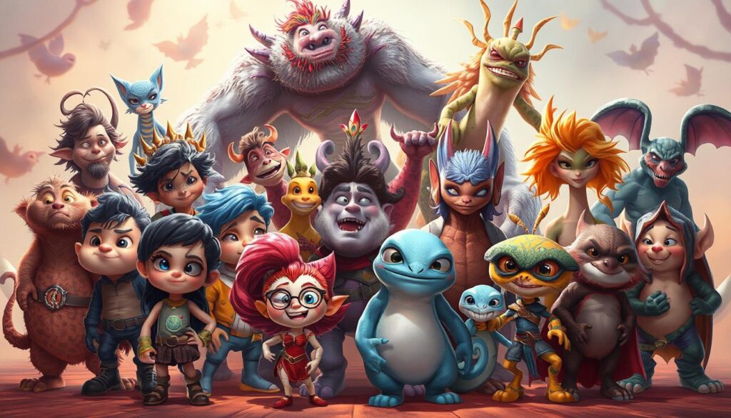 A diverse cast of captivating character designs, each with their own distinct personality and unique visual style. Vibrant colors, intricate details, and dynamic poses bring these imaginative creations to life. The scene is set against a whimsical, fantastical background, hinting at the boundless possibilities of character design. Soft, diffused lighting casts a warm, inviting glow, drawing the viewer's eye to the central figures. The overall composition conveys a sense of creativity, inspiration, and the endless potential for character-driven storytelling.