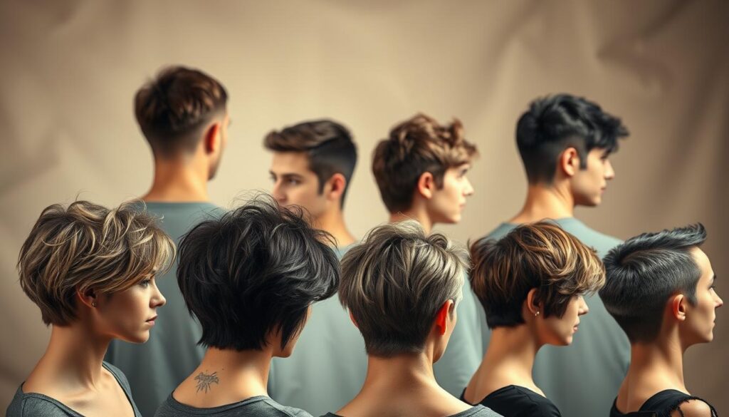 A diverse collection of classic wolf cut hairstyles against a softly blurred, neutral background. In the foreground, distinct variations showcasing textured, layered cuts with volume and movement. Subtle highlights and natural shadows accentuate the dimensional styling. The middle ground depicts subtler, tousled interpretations with wispy, framing bangs. Towards the back, sleeker, more uniform wolf cuts with clean lines. Warm, directional studio lighting creates depth and definition, while a muted color palette reflects the masculine, sophisticated essence of this timeless hairstyle.