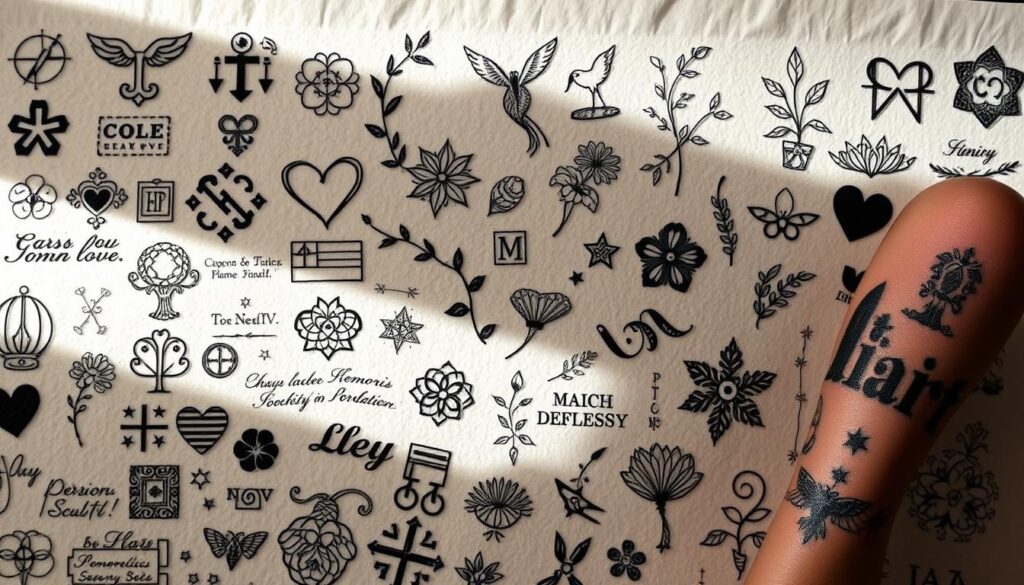 A diverse collection of commemorative tattoo designs, featuring meaningful symbols, personal motifs, and intricate patterns. The foreground showcases a range of stylized icons and typographic elements, reflecting the deeply personal nature of these ink-based memorials. In the middle ground, delicate floral and nature-inspired motifs intertwine, creating a visually striking and emotionally resonant tapestry. The background is softly lit, evoking a contemplative, introspective mood, as if the viewer is being invited to explore the stories and experiences behind these personal expressions of identity and significance.