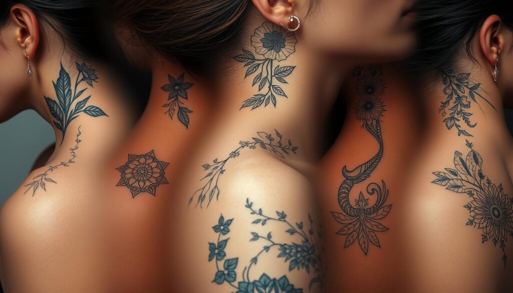 A diverse collection of intricate side neck tattoo designs, showcasing a range of artistic styles and motifs. The foreground features delicate line work, intricate patterns, and bold graphic elements strategically placed along the side of the neck, creating a visually captivating display. The middle ground offers a range of themes, from minimalist geometric shapes to organic floral patterns and abstract compositions, all rendered with precision and attention to detail. The background subtly blends soft lighting and muted tones, providing a harmonious backdrop that allows the tattoo designs to take center stage. The overall atmosphere evokes a sense of refined elegance and personal expression.