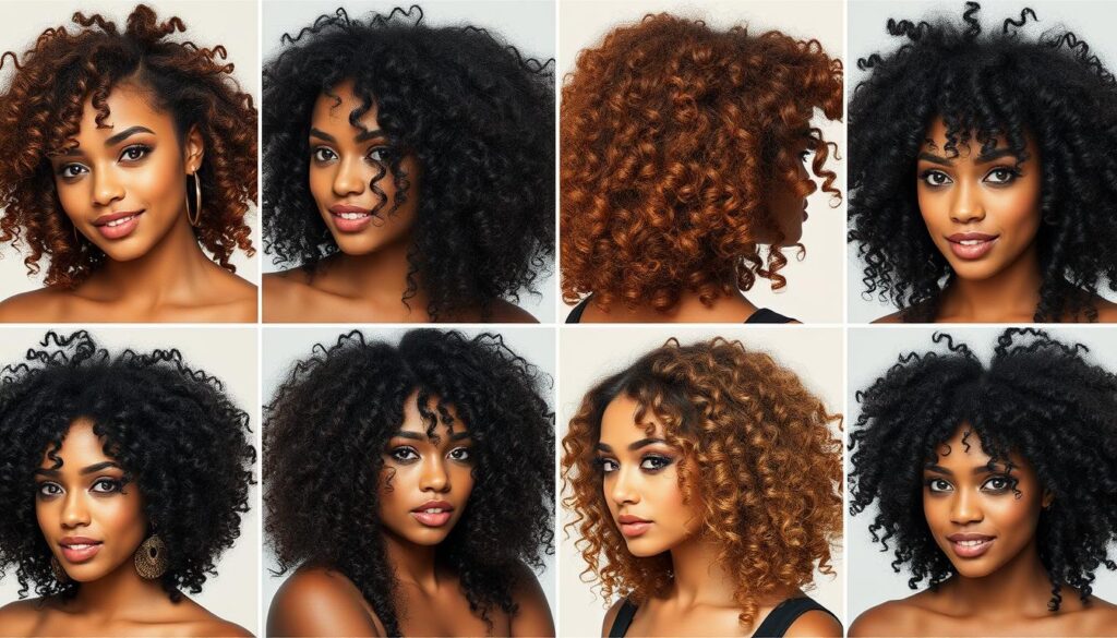 A diverse collection of layered, curly hairstyles with intricate, voluminous waves and spirals. Subjects showcasing a range of curl patterns, from tight ringlets to bouncy, loose curls. Highlighted by warm, directional lighting that accentuates the depth and texture of the hair. Photographed at a slight angle to capture the dynamic, three-dimensional quality of the styles. Styled with an effortless, carefree aesthetic that embodies the allure of the modern wolf cut. A visually striking, versatile representation of the multifaceted nature of curly hairstyles.