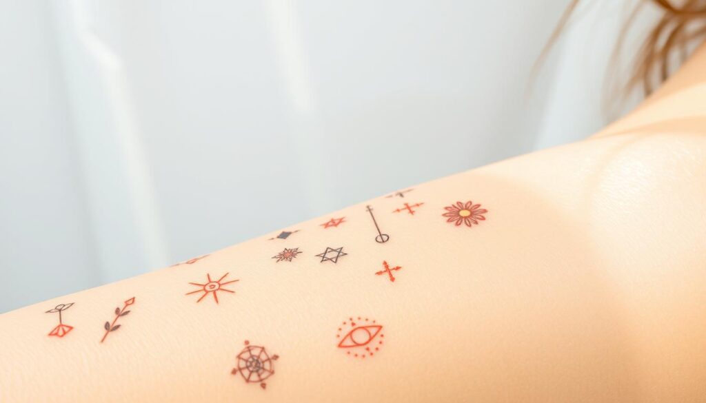 A diverse collection of trendy tattoo designs, showcased against a clean, minimalist backdrop. The foreground features a curated array of small, stylized tattoos - delicate floral motifs, celestial symbols, and abstract line art, all rendered in a muted color palette. The middle ground captures the designs in close-up, highlighting the intricate linework and attention to detail. The background maintains a soft, blurred focus, creating a sense of depth and emphasis on the tattoos themselves. Lighting is natural and diffused, casting a gentle glow and capturing the subtle textures of the skin. The overall mood is one of elegance, simplicity, and the effortless allure of these social media-inspired tattoo designs.