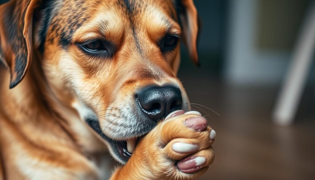 A dog intently examining and biting its front paw, with a focused, concentrated expression. The scene is captured in a closeup, natural lighting setup, with a shallow depth of field that blurs the background. The dog's face and paw fill the frame, highlighting the detailed texture of the fur, skin, and nails. The overall mood is one of curiosity and self-grooming behavior, conveying the underlying reasons why dogs may bite their own nails. A dog intently examining and biting its front paw, with a focused, concentrated expression. The scene is captured in a closeup, natural lighting setup, with a shallow depth of field that blurs the background. The dog's face and paw fill the frame, highlighting the detailed texture of the fur, skin, and nails. The overall mood is one of curiosity and self-grooming behavior, conveying the underlying reasons why dogs may bite their own nails.