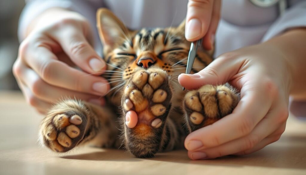 A domestic tabby cat's paws, resting peacefully as a veterinarian's hands gently trim its sharp nails. The feline's eyes are relaxed, indicating a sense of trust and comfort. Soft, natural lighting illuminates the scene, casting a warm, calming glow. The veterinarian's movements are precise and practiced, showcasing the benefits of regular nail care for the cat's health and wellbeing. The background is blurred, keeping the focus on the delicate procedure. This image perfectly illustrates the importance of responsible pet ownership and the advantages of maintaining your cat's nail health through routine trimming. A domestic tabby cat's paws, resting peacefully as a veterinarian's hands gently trim its sharp nails. The feline's eyes are relaxed, indicating a sense of trust and comfort. Soft, natural lighting illuminates the scene, casting a warm, calming glow. The veterinarian's movements are precise and practiced, showcasing the benefits of regular nail care for the cat's health and wellbeing. The background is blurred, keeping the focus on the delicate procedure. This image perfectly illustrates the importance of responsible pet ownership and the advantages of maintaining your cat's nail health through routine trimming.