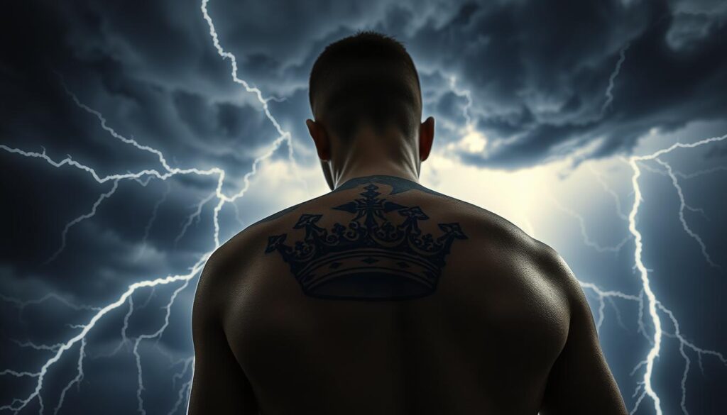 A dramatic scene of bold, jagged lightning streaking across a stormy night sky, casting an intense, electric glow. In the foreground, the intricate design of a crown tattoo stands out in sharp detail, the lines and curves accentuated by the dramatic lighting. The tattoo is depicted on a human form, though the body is obscured, allowing the focus to remain on the bold, artistic ink. The overall composition exudes a sense of power, energy, and a touch of the mystical, perfectly capturing the "Bold and Artistic Tattoo Concepts" theme.