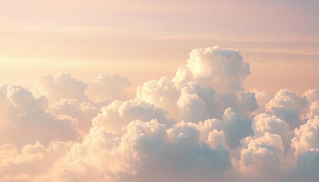 A dreamy, ethereal scene of celestial cloud tattoo designs floating amidst a soft, pastel sky. In the foreground, delicate wispy clouds intertwine, forming intricate patterns that suggest celestial maps or cosmic constellations. The midground features larger, billowing formations in shades of pearlescent white and pale blue, casting gentle shadows across the composition. In the background, the sky gradually transitions from warm, golden hues at the horizon to cooler, lavender tones overhead, creating a sense of depth and atmosphere. The lighting is diffused and ambient, lending a tranquil, meditative quality to the image. Composition is balanced and harmonious, with the cloud designs flowing organically across the frame.