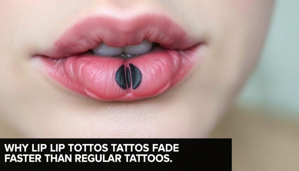 A fading lip tattoo, the ink gradually dissolving, revealing the natural hue of the delicate skin. The design, once vibrant, now a faint shadow, a testament to the transient nature of this form of body art. Captured in soft, diffused lighting, the lips gently parted, showcasing the gradual erosion of the tattoo. The scene evokes a sense of melancholy, a reminder that even the most permanent-seeming markings are subject to the passage of time. The image conveys the essence of the section's title, "Why Lip Tattoos Fade Faster Than Regular Tattoos", through a visually compelling and emotive representation.