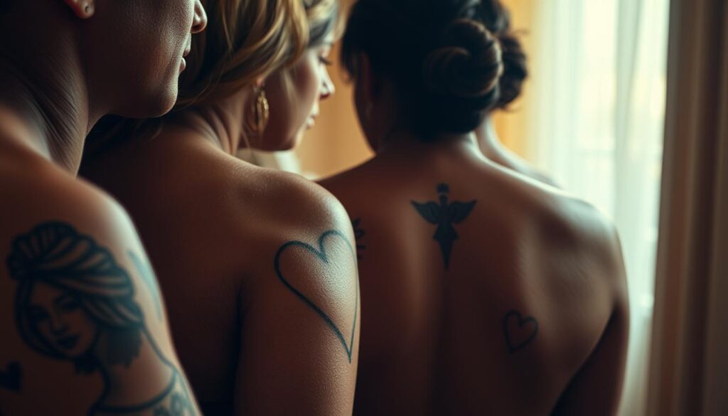 A family gathered, their skin canvas for heartfelt tributes. In the foreground, intricate tattoos depicting loved ones, faces etched in delicate lines, a testament to unbreakable bonds. The middle ground reveals symbolic imagery - a heart, a dove, a name - each a personal story woven into the tapestry of their lives. The background is softly lit, creating a warm, intimate atmosphere, as if these tributes were revealed in a private moment, a sacred rite of remembrance. Captured through a cinematic lens, the image conveys the depth of emotion, the weight of memory, and the enduring power of family.