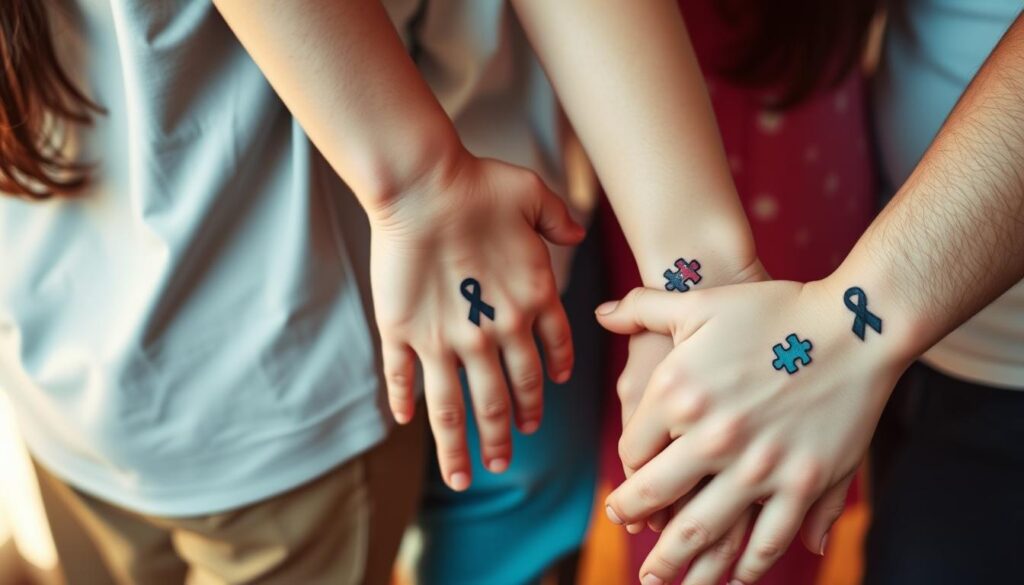 A family of four standing together, their arms intertwined, each with a unique autism awareness tattoo on their wrists. The tattoos are simple yet meaningful, featuring stylized puzzle pieces, ribbons, or other symbolic designs. The lighting is warm and soft, creating a intimate, familial atmosphere. The background is blurred, keeping the focus on the family's connected figures and their shared experience. The poses are natural and relaxed, conveying a sense of unity, support, and pride in their neurodiversity. The overall tone is one of love, acceptance, and celebration of the autism spectrum.