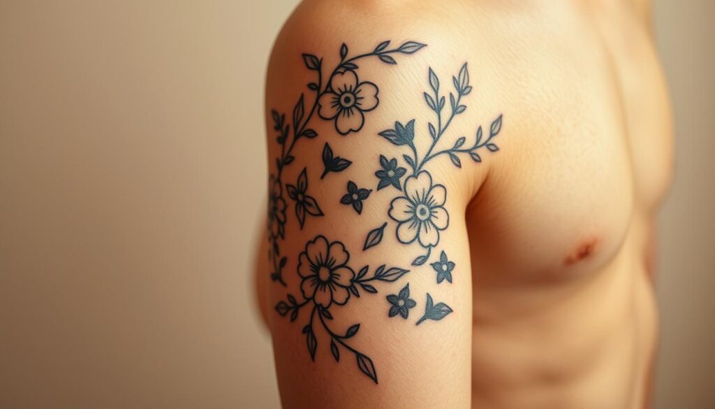 A family's history etched in intricate lines, a tapestry of memories woven into the skin. A detailed tattoo showcases a mother's cherished connection to her lineage, each symbol a heartfelt tribute. Against a soft, muted background, the tattoo's design stands out in striking detail, capturing the emotional significance of this deeply personal expression. Delicate floral motifs intertwine with family-centric iconography, creating a visually captivating and sentimental piece that speaks to the bond between generations. Warm, natural lighting illuminates the tattoo, highlighting the artistry and the profound meaning it holds for the wearer.