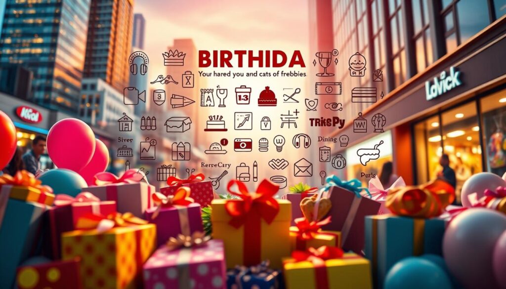 A festive scene of birthday deals and freebies unfolds on a vibrant, colorful backdrop. In the foreground, an assortment of gift boxes, balloons, and party favors create a celebratory atmosphere. The middle ground features a dynamic arrangement of various retail and dining offers, each represented by iconic symbols and illustrations. The background showcases a lively urban landscape, with skyscrapers and storefronts bathed in warm, golden lighting that evokes a sense of excitement and anticipation. The overall composition conveys the idea of a special day filled with opportunities to take advantage of exclusive birthday-themed discounts and complimentary treats.