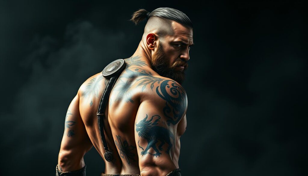 A fierce Celtic warrior, muscles rippling, stands resolute, their body adorned with intricate tattoos. The tattoos wind across their shoulder, bicep, and back, depicting ancient symbols and mythical beasts. Dramatic lighting casts dramatic shadows, highlighting the warrior's imposing presence. The scene is set against a moody, atmospheric backdrop, hinting at the warrior's stoic determination and unwavering spirit. A sense of power and raw energy permeates the image, capturing the essence of warrior Celtic tattoos and their prominent placement on the body.