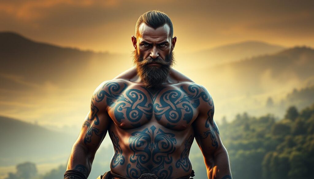 A fierce Celtic warrior standing tall, their body adorned with intricate tattoos that tell a story of their ancestral heritage and unwavering spirit. Swirling patterns of Celtic knots, spirals, and runes dance across their muscular frame, casting an aura of mysticism and power. Intense, piercing eyes gaze out from a weathered face, exuding a sense of stoic determination. The warrior is bathed in a warm, golden light, creating a sense of reverence and ancient, timeless energy. In the background, a misty, ethereal landscape of rolling hills and lush, verdant forests hints at the warrior's connection to the land and their people.