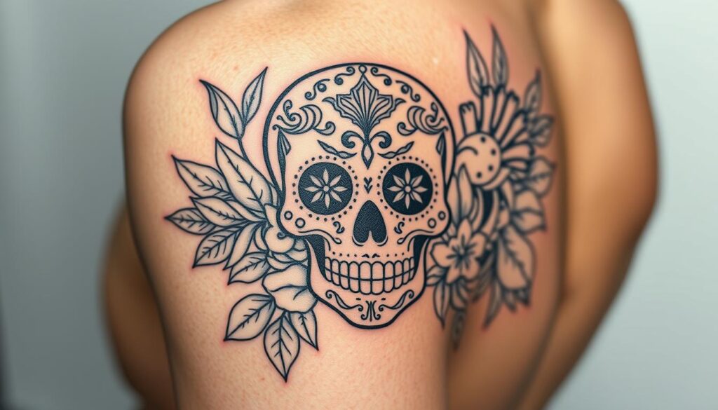 A finely detailed Chicano-style tattoo design, showcasing the distinct bold lines, intricate shading, and symbolic imagery characteristic of this vibrant artistic tradition. The central motif is a detailed sugar skull, its delicate features and ornate patterns rendered with precision against a backdrop of lush, stylized foliage and organic textures. The lighting is soft and diffused, highlighting the depth and dimension of the tattoo work. The overall composition captures the balance of minimalism and expressive artistry inherent to Chicano fine line tattoo styles, creating a visually captivating and timeless design.