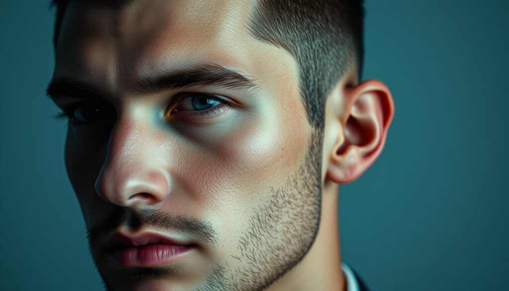 A finely detailed portrait of a man's face, showcasing the distinctive features of a wolf cut hairstyle. The subject's facial structure is prominently displayed, with a well-balanced, symmetrical composition that highlights the key characteristics of the desired face shape. Soft, directional lighting casts flattering shadows, accentuating the subject's chiseled jawline and high cheekbones. The image has a sophisticated, editorial feel, captured with a medium-length telephoto lens to create a shallow depth of field, placing the focus squarely on the face. The overall mood is one of refined masculinity, conveying the confidence and style associated with the wolf cut hairstyle.