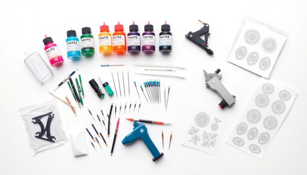 A flat surface filled with an assortment of DIY tattoo supplies: colorful ink bottles, sterile tattoo needles, a small tattoo machine, stencils, and transfer paper. The items are neatly arranged against a plain white background, evenly lit from above to showcase their details. The overall composition has a clinical, professional tone, suitable for illustrating a tutorial on creating temporary tattoos at home.