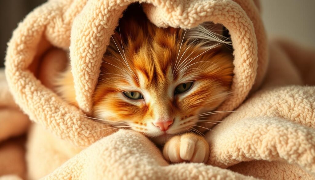 A fluffy orange tabby cat snugly wrapped in a soft, absorbent towel, with its head peeking out. The cat's expression is calm and relaxed, as the towel gently cocoons it, creating a cozy, secure environment. The lighting is warm and diffused, casting a gentle glow on the scene. The composition is tight, focusing on the cat's face and the enveloping towel, with a simple, uncluttered background that allows the subject to shine. The overall mood is one of tranquility and comfort, conveying the idea of a stress-free, relaxing experience during a nail trimming session.
