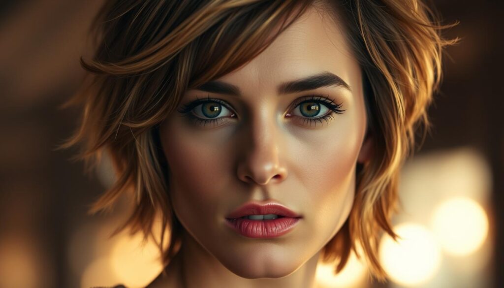 A glamorous close-up portrait of a celebrity with a stylish wolf cut hairstyle, shot in soft, warm lighting that flatters their features. The subject's face is the focal point, with their striking eyes and well-defined bone structure taking center stage. The hair frames their face in a tousled, effortless manner, cascading in soft, voluminous waves. The background is hazy and blurred, creating a sense of focus on the subject. The overall mood is one of effortless sophistication and on-trend style, perfectly capturing the essence of the "wolf cut" aesthetic.
