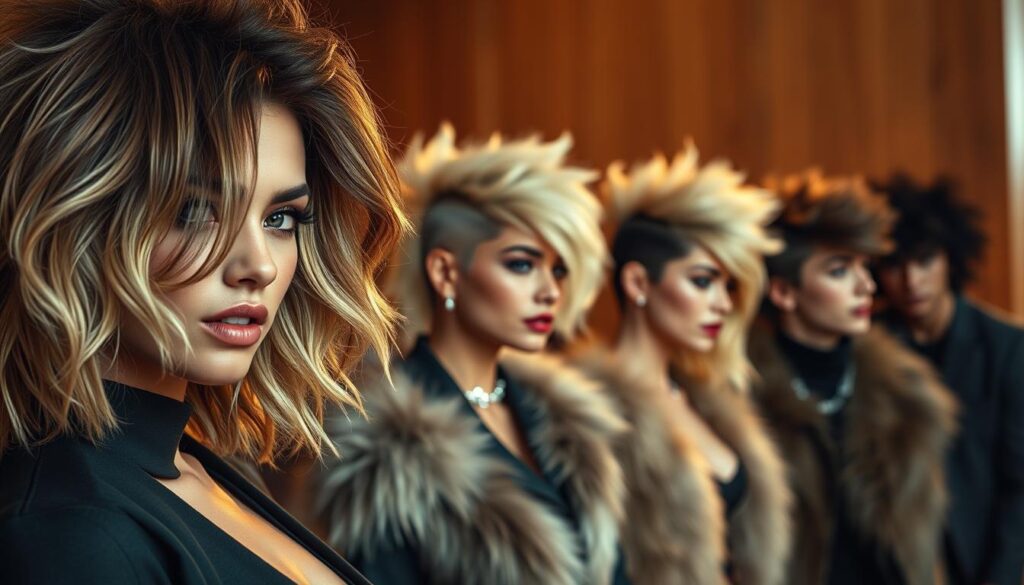 A glamorous group of celebrities posing with their stunning wolf-cut hairstyles. In the foreground, a close-up shot of a model's voluminous, textured locks with soft, feathered layers. In the middle ground, a row of influential social media stars showcasing their trendy, shaggy wolf cuts from multiple angles, captured with a shallow depth of field. The background is blurred, highlighting the subjects and their fashionable, fluffy hairstyles. The lighting is soft and flattering, casting a warm, ethereal glow. The overall mood is one of high-fashion glamour and contemporary style.