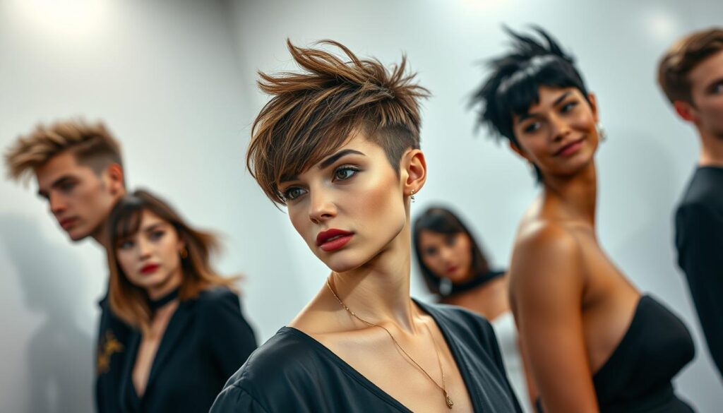 A glamorous photoshoot capturing the latest celebrity wolf cut trends. In the foreground, a close-up of a model's stylish wolf cut hairstyle, the layers and textures vividly rendered. In the middle ground, other models showcasing diverse interpretations of the wolf cut, from shaggy and textured to sleek and sculpted. The background features a chic, minimalist studio setting with soft, directional lighting highlighting the models' features. An editorial, high-fashion aesthetic pervades the scene, conveying the wolf cut's ascent as a coveted, trendy hairstyle among the celebrity elite. A glamorous photoshoot capturing the latest celebrity wolf cut trends. In the foreground, a close-up of a model's stylish wolf cut hairstyle, the layers and textures vividly rendered. In the middle ground, other models showcasing diverse interpretations of the wolf cut, from shaggy and textured to sleek and sculpted. The background features a chic, minimalist studio setting with soft, directional lighting highlighting the models' features. An editorial, high-fashion aesthetic pervades the scene, conveying the wolf cut's ascent as a coveted, trendy hairstyle among the celebrity elite.
