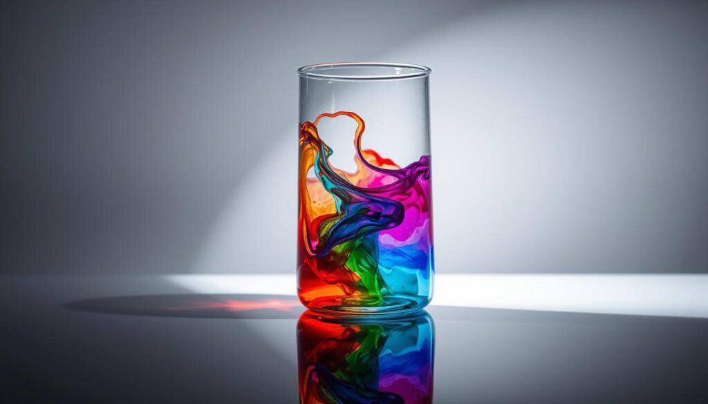 A glass laboratory beaker filled with a vibrant array of colored liquids, representing the various chemical compounds found in tattoo ink. The liquids swirl and refract the light, creating an abstract and mesmerizing visual. The beaker is positioned on a sleek, reflective surface, casting captivating shadows and highlights. The background is a muted, clean, and sterile environment, allowing the vivid colors of the ink to take center stage. The lighting is directional, creating dramatic shadows and emphasizing the depth and texture of the liquids. The overall composition conveys a sense of scientific inquiry and the complex chemical nature of tattoo ink.