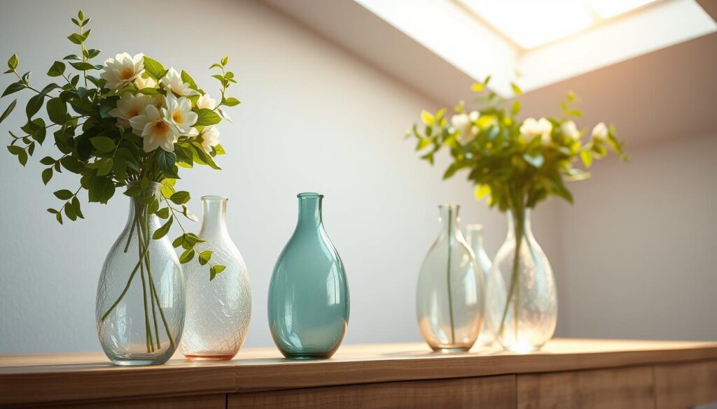 A graceful arrangement of delicate spring vases in a sunlit, airy setting. In the foreground, a collection of hand-blown glass vases in soft pastel hues, their surfaces gently rippled and iridescent. Lush, verdant foliage cascades from the vases, creating a sense of vitality and renewal. In the middle ground, a wooden tabletop or shelf provides a natural, rustic backdrop, the grain and texture of the wood adding depth and character. Soft, diffused lighting filters in from a large window or skylight, casting a warm, golden glow and accentuating the transparency and fragility of the vases. The overall mood is one of tranquility, elegance, and the vibrant spirit of the spring season.