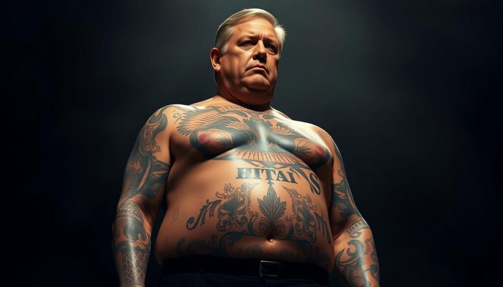A grand and imposing presidential figure stands tall, their skin adorned with intricate tattoos that represent the cultural significance of their office. The tattoos are richly detailed, with symbolic motifs and patterns that tell a story of power, history, and the weight of responsibility. The lighting is dramatic, casting shadows that accentuate the ink's depth and texture. The background is a vague, ethereal setting, allowing the tattoos to be the central focus, commanding attention and conveying the profound impact of this visual representation of a leader's cultural identity.