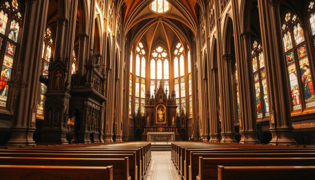 A grand cathedral interior, bathed in warm, golden light filtering through stained glass windows. In the foreground, an ornate altar adorned with intricate carvings and religious symbols - crosses, crowns, and other iconic faith motifs. In the middle ground, rows of wooden pews face the altar, their surfaces etched with subtle patterns and designs. The background showcases a vast, vaulted ceiling supported by towering columns, creating a sense of grandeur and reverence. The overall atmosphere evokes a profound sense of history, spirituality, and the timeless traditions of Christian faith.