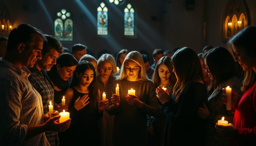 A group of diverse individuals gathered in a dimly lit room, their faces illuminated by the warm glow of candlelight. Hands clasped, heads bowed, they form a tight-knit circle, united in a moment of solemn prayer. The atmosphere is one of profound reverence, a sense of community and shared vulnerability palpable in the air. Soft beams of light filter through stained-glass windows, casting a ethereal, almost sacred ambiance over the scene. The individuals' expressions are serene, their postures relaxed yet focused, as they collectively lift their voices in a heartfelt petition for guidance and support.