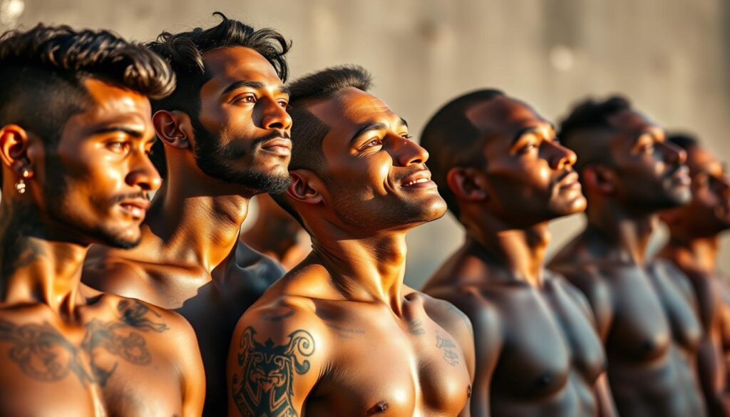 A group of diverse men, each with a unique neck tattoo that holds cultural significance. The tattoos range from intricate tribal designs to minimalist symbols, each telling a story of personal identity and heritage. The men stand tall, their tattoos visible, exuding a sense of confidence and pride. The lighting is soft and natural, casting warm shadows that accentuate the details of the ink. The background is a blurred, neutral setting, allowing the focus to remain on the men and their body art. The overall atmosphere conveys a sense of cultural celebration and self-expression.