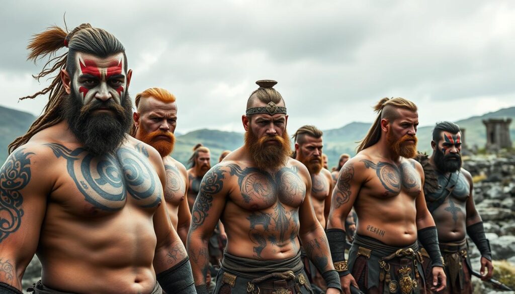 A group of fierce Celtic warriors, their muscular bodies adorned with intricate tattoos that tell the stories of their battles and triumphs. In the foreground, the warriors stand tall, their faces painted with bold, symbolic designs that reflect their unwavering bravery and connection to their ancestral roots. The middle ground reveals the warriors' elaborate body art, featuring spiraling patterns, intertwining knots, and mythical creatures that symbolize their deep spiritual beliefs. In the background, a rugged, windswept landscape of rolling hills and ancient stone structures provides a dramatic, timeless setting for this powerful display of Celtic warrior culture and tradition.
