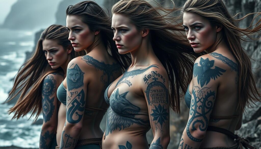 A group of fierce yet graceful Nordic women, their skin adorned with intricate Viking tattoos that tell the stories of their warrior heritage. Flowing hair and determined expressions convey their strength and resilience. The tattoos, rendered in shades of black and gray, feature bold geometric patterns, runes, and symbols of Norse mythology - a wolf, a Valkyrie, the Yggdrasil tree. Soft natural lighting casts dramatic shadows, highlighting the contours of their bodies and the artistry of the ink. The scene is set against a misty, moody backdrop of rugged cliffs and a turbulent sea, capturing the essence of the Rising of Female Viking Tattoos.