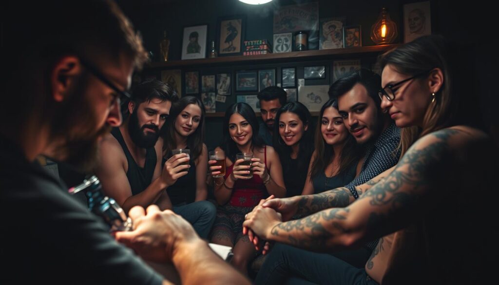 A group of friends gathered around a dimly lit tattoo parlor, their faces illuminated by the soft glow of the ink guns. In the foreground, a tattoo artist's skilled hands meticulously etching a design onto a client's skin, capturing the intensity and focus of the moment. The middle ground reveals the anticipation and camaraderie among the friends, some holding hands, others sharing a drink, all bonded by the shared experience of this meaningful, personal journey. The background sets the scene with vintage-inspired decor, shelves lined with tattoo flash, and a subtle haze of cigarette smoke, evoking a moody, old-school vibe. The overall atmosphere is one of connection, self-expression, and the lasting memories forged through this shared group tattoo experience.