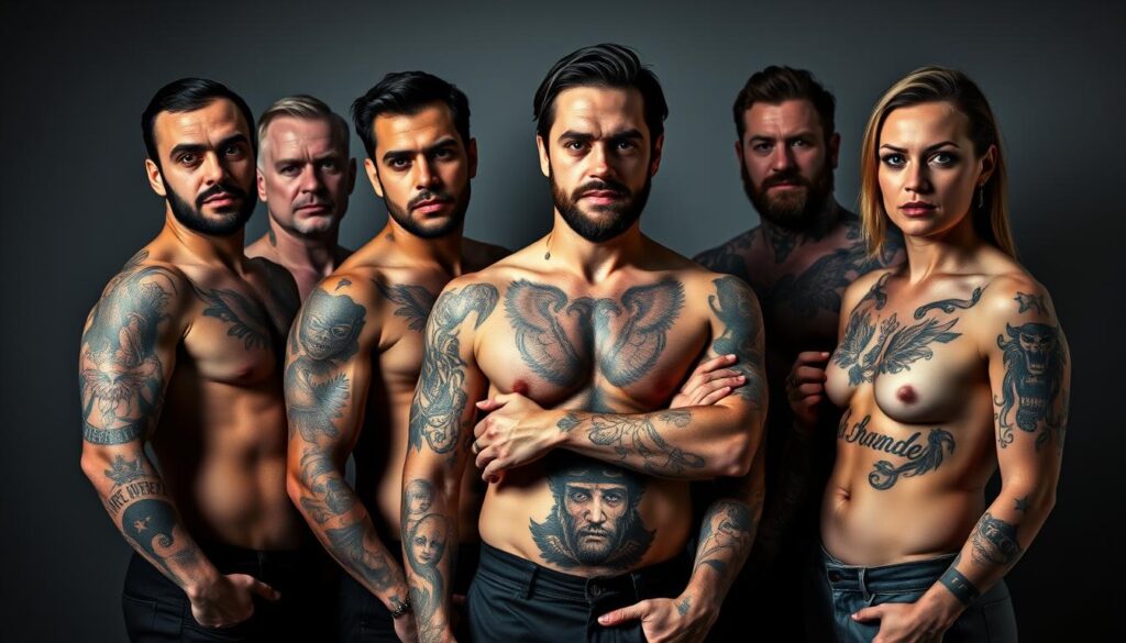 A group of modern politicians standing together, their bodies adorned with various bold and intricate tattoos. The tattoos cover their arms, torsos, and even necks, showcasing their personal styles and rebellious attitudes. The lighting is dramatic, casting shadows and highlights that accentuate the details of the ink. The politicians are posed in a confident, almost defiant manner, their gazes intense and unwavering. The background is a sleek, minimalist setting, allowing the focus to remain on the individuals and their striking body art.