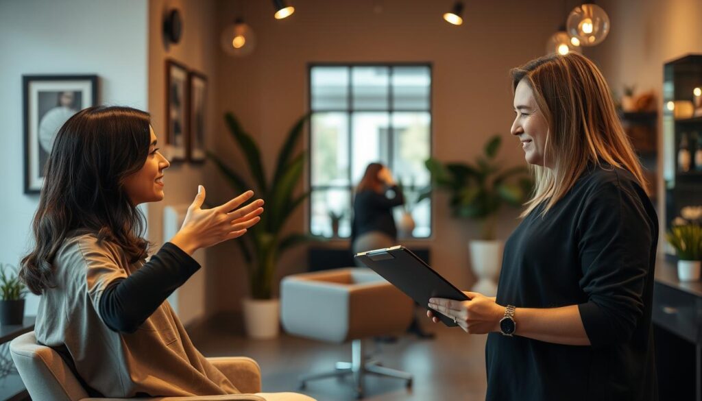 A hair salon interior with warm lighting, featuring a client and stylist in conversation. The client gestures expressively, explaining their desired hairstyle, while the stylist listens intently, clipboard in hand. The background showcases stylish decor elements like framed art, potted plants, and minimalist furniture. The scene conveys a collaborative, friendly atmosphere as the two work together to achieve the perfect haircut. A hair salon interior with warm lighting, featuring a client and stylist in conversation. The client gestures expressively, explaining their desired hairstyle, while the stylist listens intently, clipboard in hand. The background showcases stylish decor elements like framed art, potted plants, and minimalist furniture. The scene conveys a collaborative, friendly atmosphere as the two work together to achieve the perfect haircut.