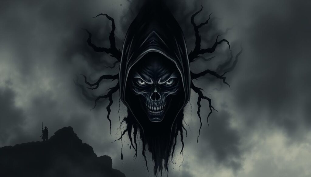 A haunting tattoo design featuring a distorted, shadowy figure with hollow eyes and a menacing expression. The design is rendered in a dark, monochrome palette with an eerie, unsettling atmosphere. The figure is positioned centrally, with intricate linework and subtle textures creating a sense of unease. The background is shrouded in a hazy, atmospheric environment, with subtle hints of a dark, moody landscape. The overall composition evokes a sense of dread and unease, capturing the essence of "bad vibes" in a striking, impactful tattoo design.