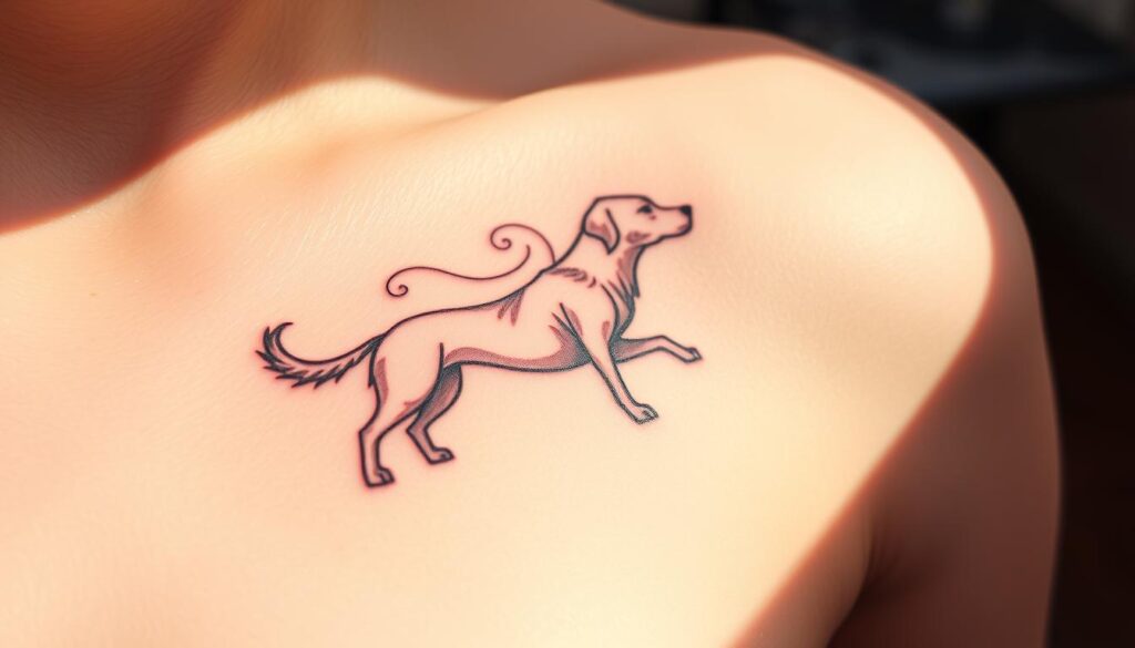 A heartfelt dog memorial tattoo, delicately etched on pale skin. The design features a majestic canine silhouette, its soulful eyes gazing into the distance. Wispy tendrils of ink swirl around the figure, evocative of a spirit ascending. Warm, natural lighting casts a reverential glow, while a blurred background hints at the tattoo's personal significance. The composition conveys a profound sense of love, loss, and the eternal bond between human and canine companion.