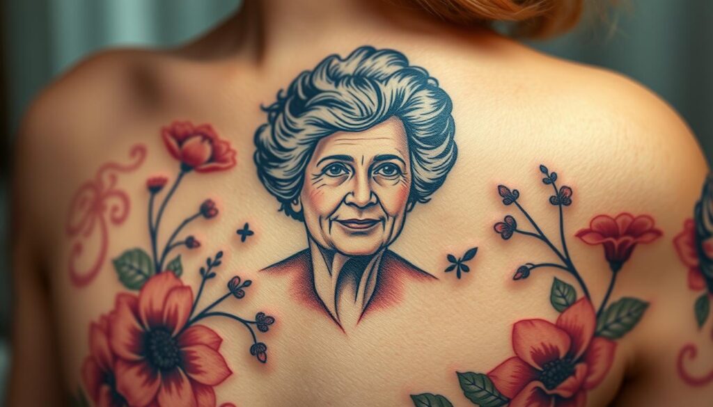 A heartfelt memorial tattoo depicting a beloved grandmother's portrait, surrounded by delicate floral elements and a soothing watercolor-like background. The tattoo design is prominently featured, with attention to realistic skin texture, subtle shadowing, and a sense of reverence. The lighting is soft and diffused, creating a somber yet uplifting mood. The overall composition conveys the profound significance of honoring a cherished grandparent through a meaningful, personalized body art.