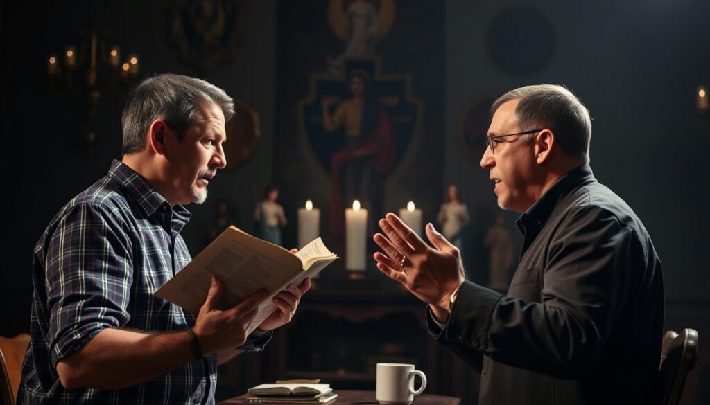 A heated debate between two individuals representing opposing denominational views on the topic of tattoos. In the foreground, a tense exchange, one person passionately citing biblical passages, the other gesturing emphatically. In the middle ground, a backdrop of religious symbols and iconography, casting an air of spiritual significance. The lighting is dramatic, creating deep shadows and highlights, heightening the sense of intensity. The overall atmosphere is one of thoughtful, yet charged discussion, reflecting the nuanced and complex nature of this theological debate.
