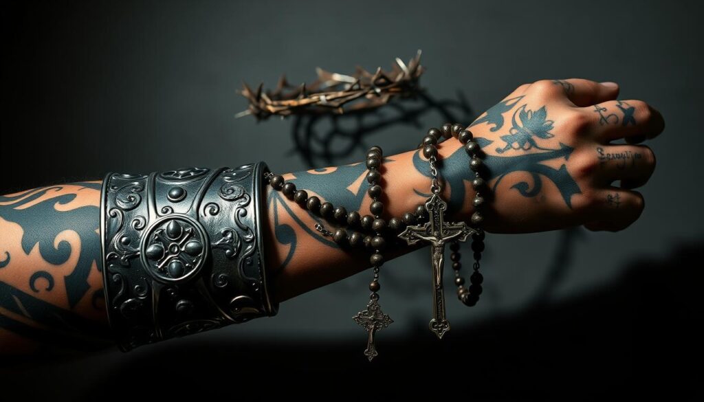 A heavily tattooed forearm adorned with religious iconography. In the foreground, a metal gauntlet-style bracer with intricate, armored designs wraps around the wrist, evoking a sense of divine protection. Atop the bracer, a crown of thorns casts an ominous yet reverent shadow. Coiled around the forearm, a detailed rosary with gleaming beads and a prominent crucifix pendant serves as a symbol of faith and devotion. The background features a moody, dramatic lighting that casts dramatic shadows, heightening the somber, contemplative mood. The overall composition suggests a blend of physical and spiritual strength, a visual representation of the wearer's personal journey and beliefs.