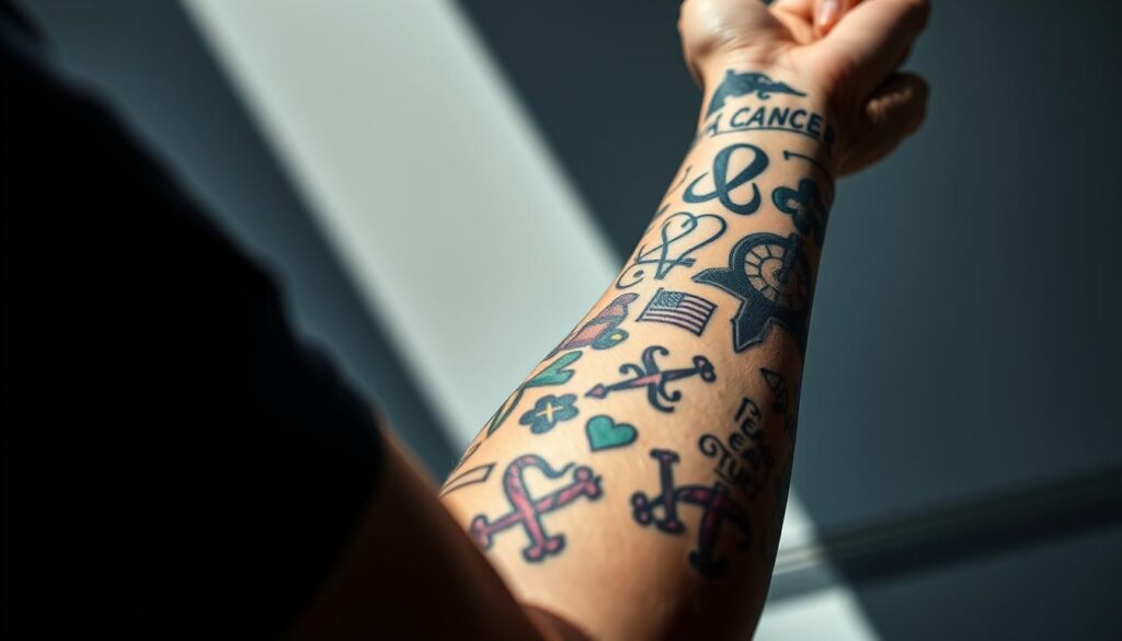 A high-contrast, photographic scene of a person's arm with multiple tattoos depicting various medical symbols and research studies related to cancer. The tattoos cover the foreground, with a clean, clinical background in soft focus. Bright, directional lighting casts shadows that accentuate the detailed tattoo artwork. The composition emphasizes the connection between personal expression and the serious topic of cancer research. The overall mood is one of thoughtful introspection and dedication to a meaningful cause.