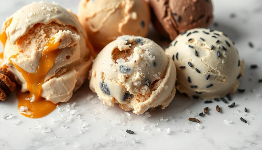 A high-quality close-up of various salty ice cream flavors, including salted caramel, honey lavender, and black sesame. The ice cream scoops are artfully arranged on a white marble countertop, with a soft, diffused lighting illuminating the creamy textures and glistening salt crystals. The composition emphasizes the interplay of sweet and savory, with a focus on the intricate balance of flavors. The image has a clean, minimal aesthetic, allowing the unique ice cream varieties to be the central visual focus.