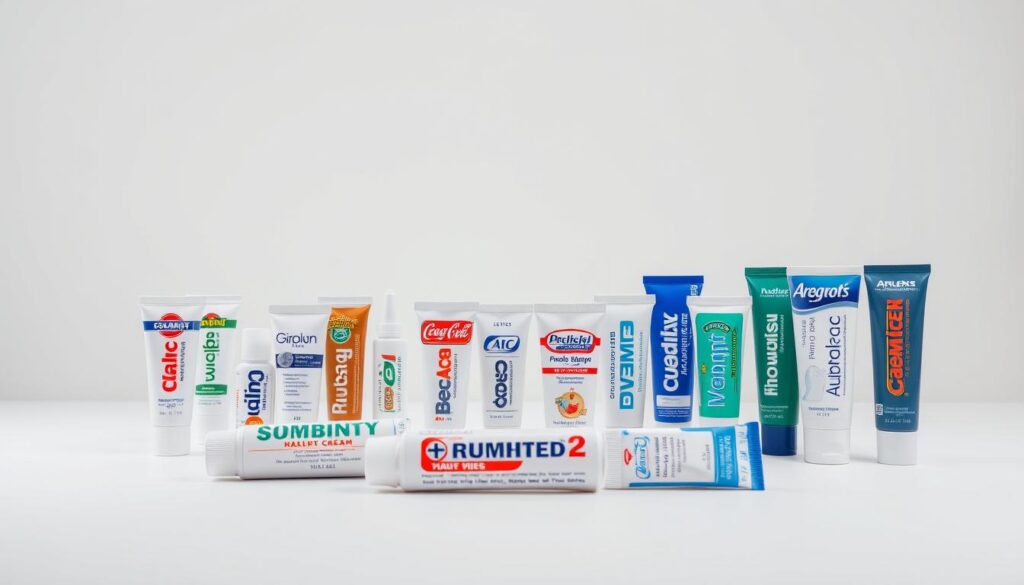 A high-quality, well-lit studio photo showcasing the top numbing cream brands for tattoos. In the foreground, an arrangement of various branded numbing cream tubes and bottles, displayed on a clean, minimalist white surface. The middle ground features a soft, diffused lighting setup that evenly illuminates the products, highlighting their textures and packaging details. In the background, a plain, neutral backdrop complements the clean, professional look and allows the numbing creams to be the central focus. The overall mood is one of authority, trust, and consumer-oriented presentation, suitable for an informative article on finding the best tattoo numbing cream.