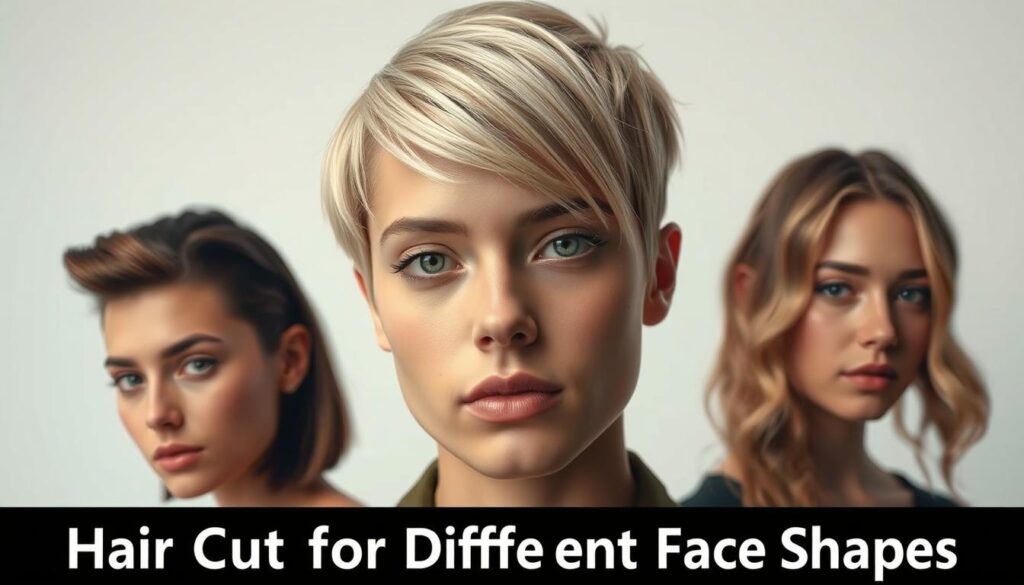 A high-resolution close-up portrait of a person with different haircuts that suit various face shapes, set against a clean, minimalist background with soft, diffused lighting. The subject's face is clearly visible, showcasing the specific features that each hairstyle complements. The haircuts range from short and angular to long and wavy, demonstrating how certain styles can enhance or balance different facial structures. The overall tone is stylish and informative, providing a visually engaging example to accompany the "Hair Cuts for Different Face Shapes" section of the article.