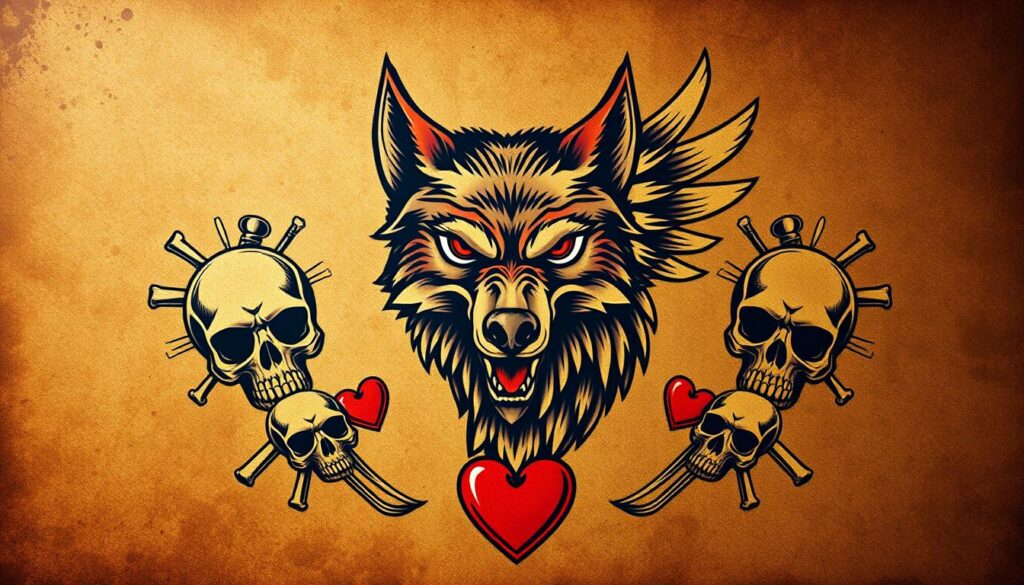 A highly detailed American traditional-style tattoo illustration, featuring a central animal figure, such as a wolf or eagle, surrounded by a border of skulls and heart motifs. The animal is rendered in a bold, graphic style with defined outlines and vibrant colors, against a gritty, textured background that evokes the aesthetic of vintage tattoo flash. The composition is balanced and symmetrical, with the skulls and hearts framing the animal in a dynamic, yet cohesive manner. The lighting is dramatic, with shadows and highlights accentuating the tattoo-like qualities of the design. The overall mood is one of rugged Americana and timeless, enduring symbolism.